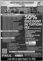 Admission notice for Air University Multan
